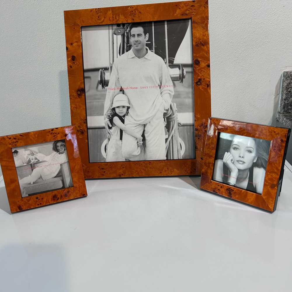 RARE Saks Exclusive Frank McIntosh Burl Wood Picture 3 Frames Original Saks Box